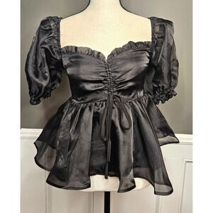MABLE Black Organza Puff Sleeve Peplum Babydoll Top Smocked Back NWOT Med
